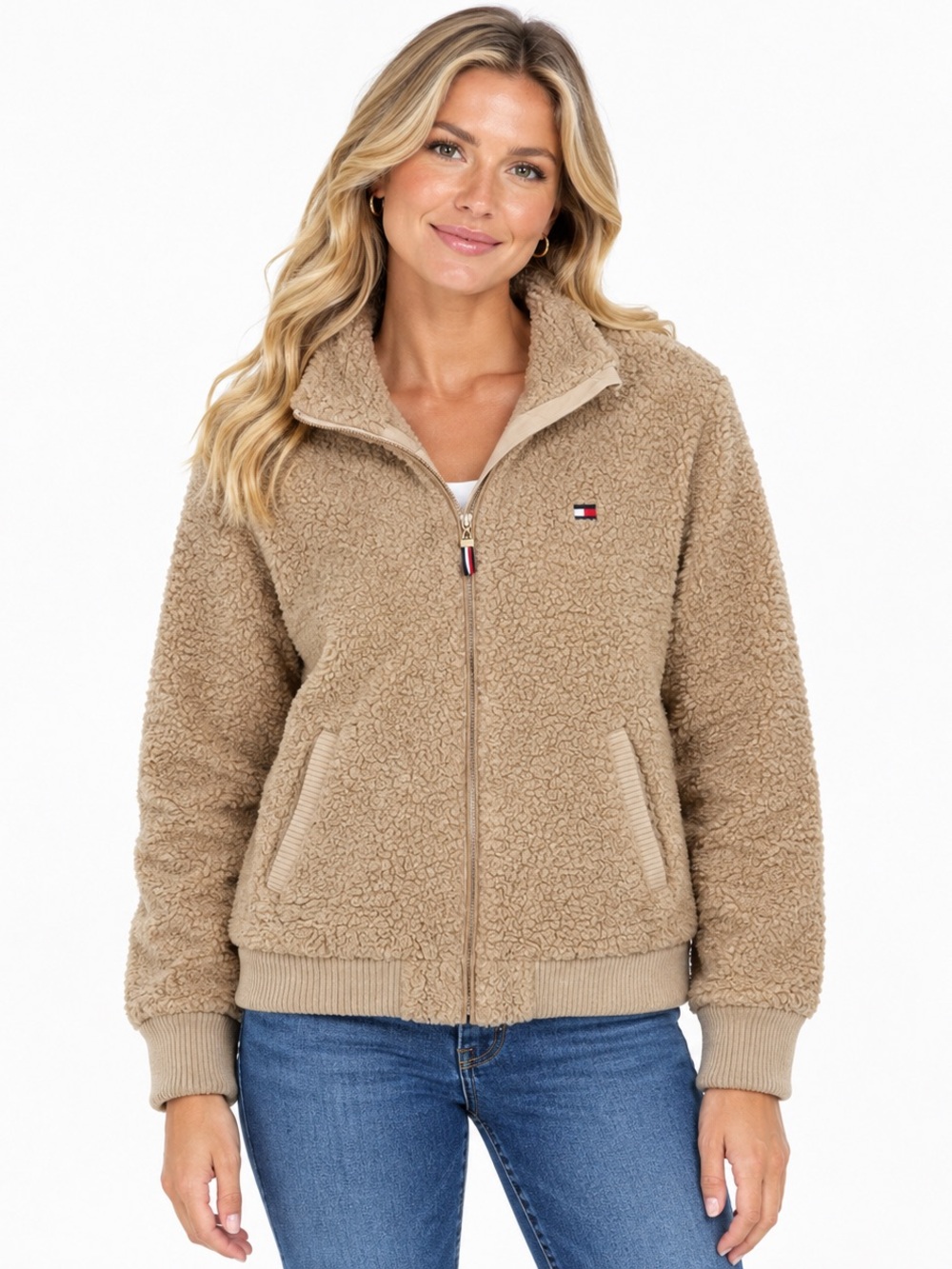 Tommy Hilfiger Women's Tan Sherpa Zip Jacket Size Small